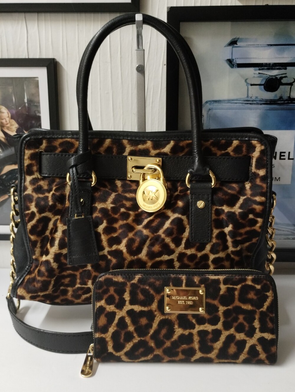 MK Hamilton Medium Leopard Print Calf Hair Satchel Bag with Matching Wallet Set